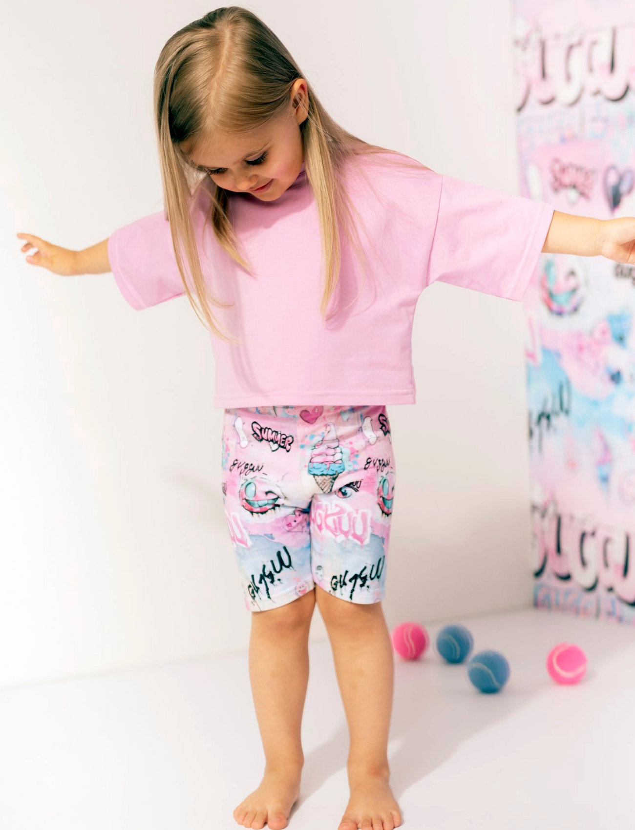 Gugguu Print Biker Shorts, 110, Pink, Underdele > Shorts, Børn