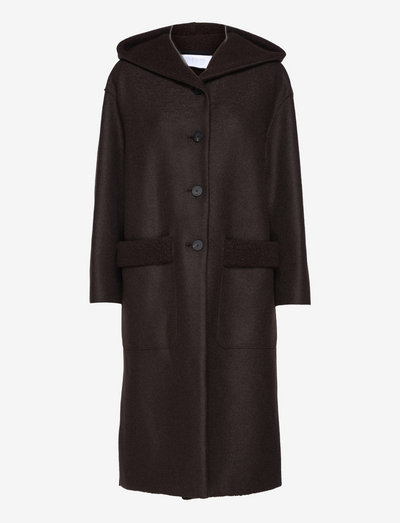 Women oversize hooded coat p.wool and bouclé - uldfrakker - 451 dark brown