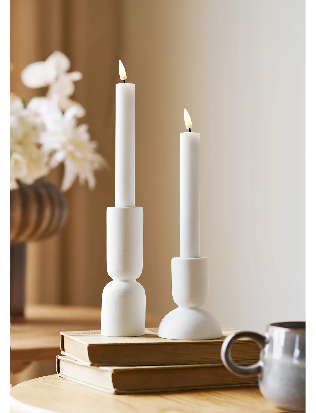 House Nordic Thyra - Candle Holder, Limestone, White, Set Of 2, 7.5X7.5X15 cm, White, Lysestager & Lanterner > Fyrfadsstager, Unisex