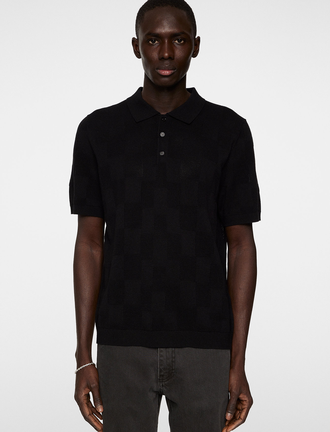 J. Lindeberg Reymond Stacked Bridge Polo, XL, Black, Strik > Kortærmede Strikkede Poloer, Herre