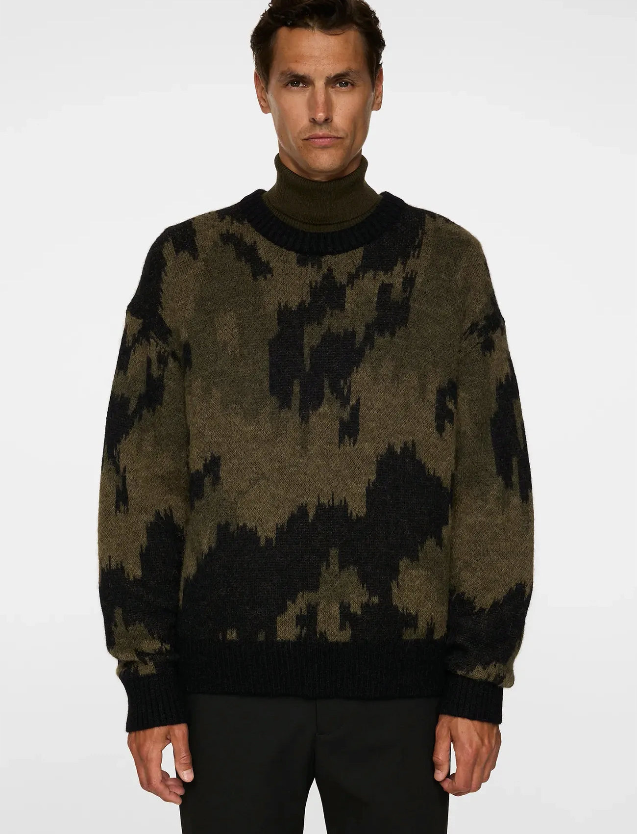J. Lindeberg Nate Graphic Jacquard Knit, S, Khaki green, Strik > Runde Halse, Herre