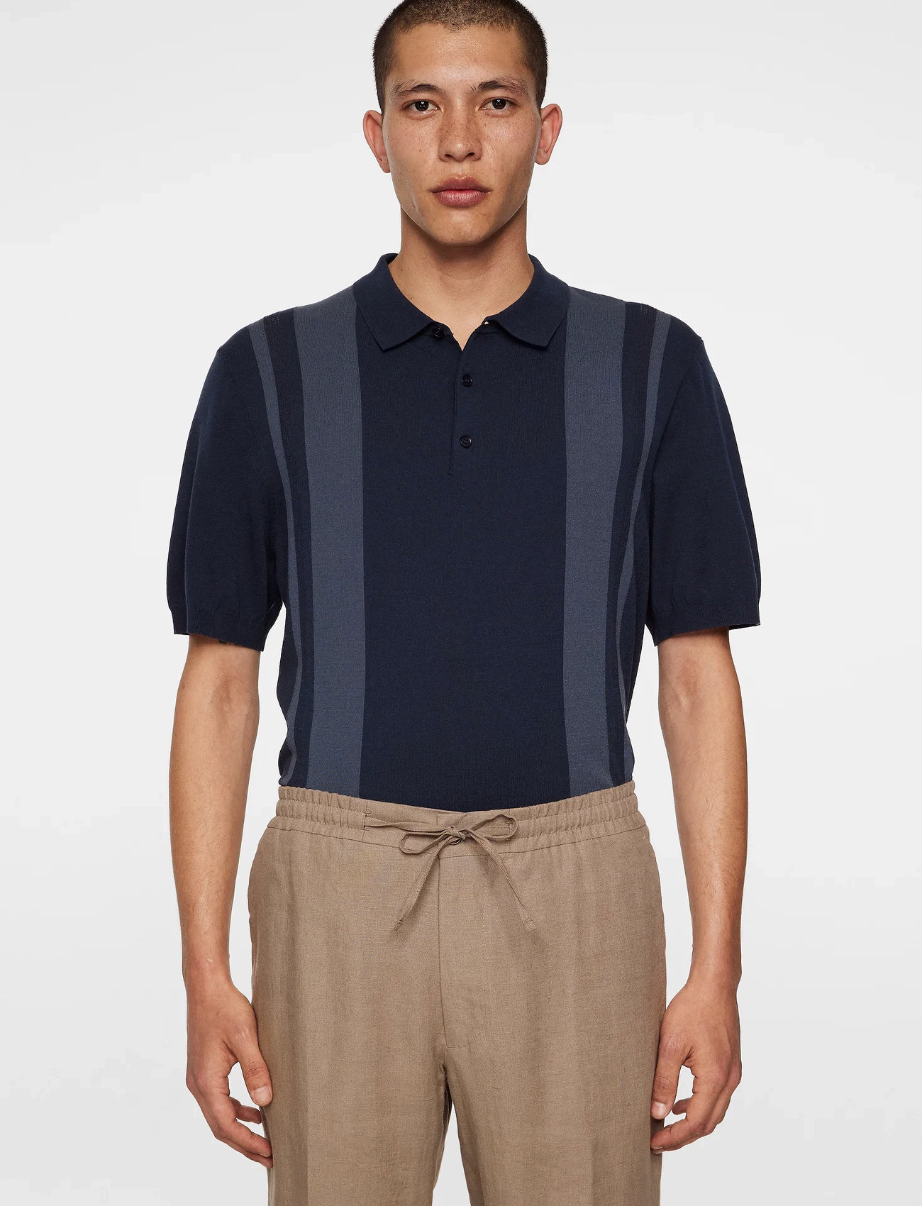J. Lindeberg Reymond Stripe Knit Polo, S, Black, Strik > Kortærmede Strikkede Poloer, Herre