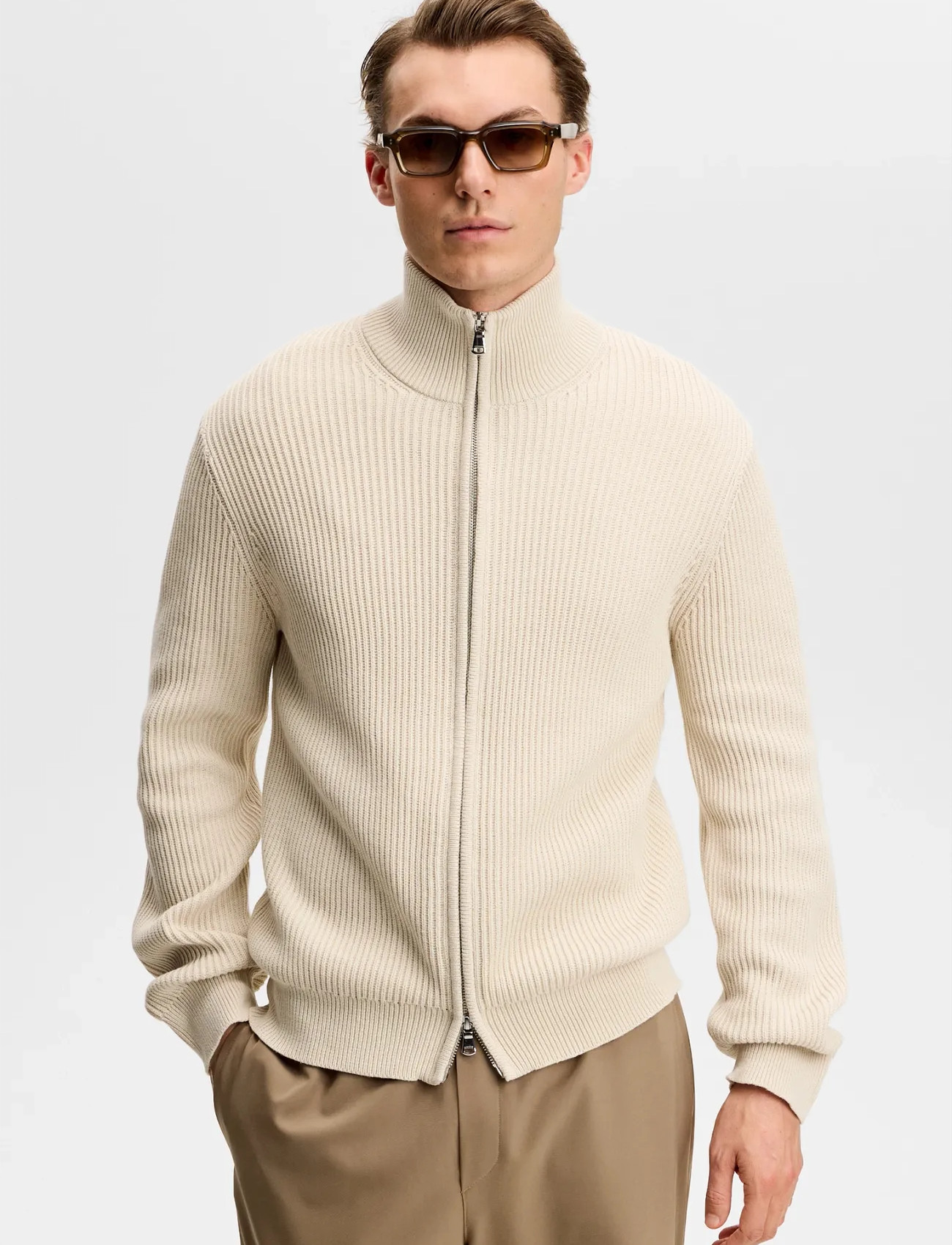 J. Lindeberg Alexis Full Zip Cardigan, S, Beige, Strik > Trøjer Med Fuld Lynlås, Herre