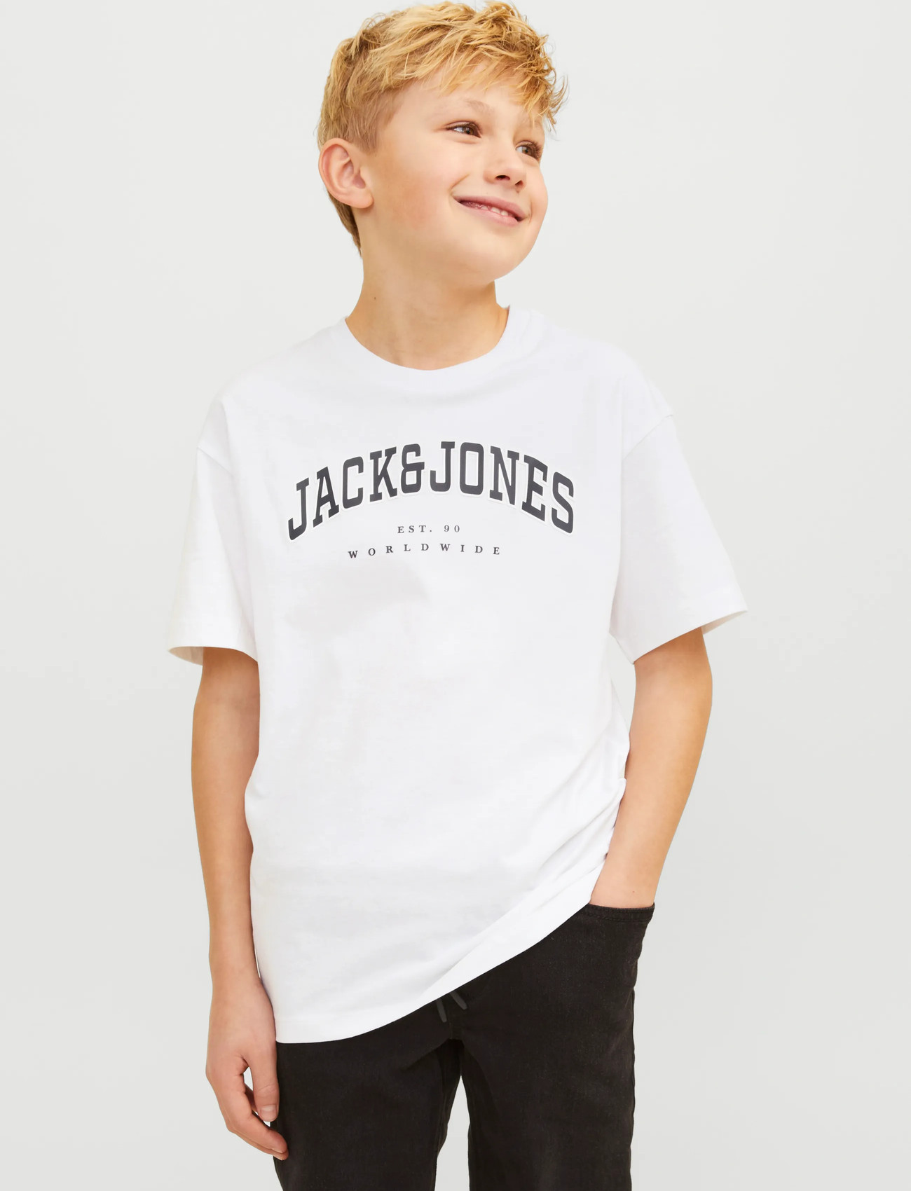 Jack & Jones Jjecaleb Varsity Tee Ss O-Neck Noos Jnr, 140, White, T-Shirts > Kortærmede, Børn