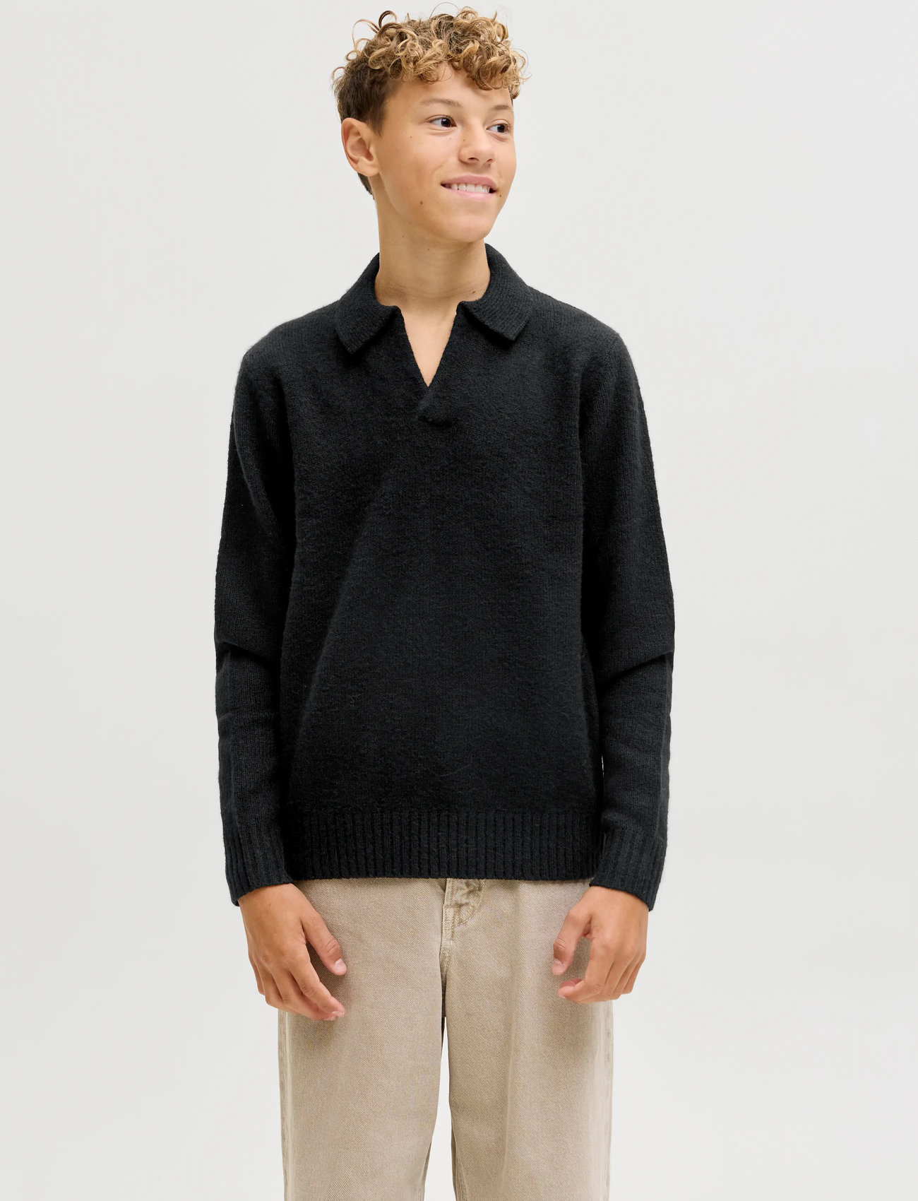 Jack & Jones Jjsoho Ollie Knit Split Neck Jnr, 140, Black, Polo Skjorter > Langærmede Polo Shirts, Børn