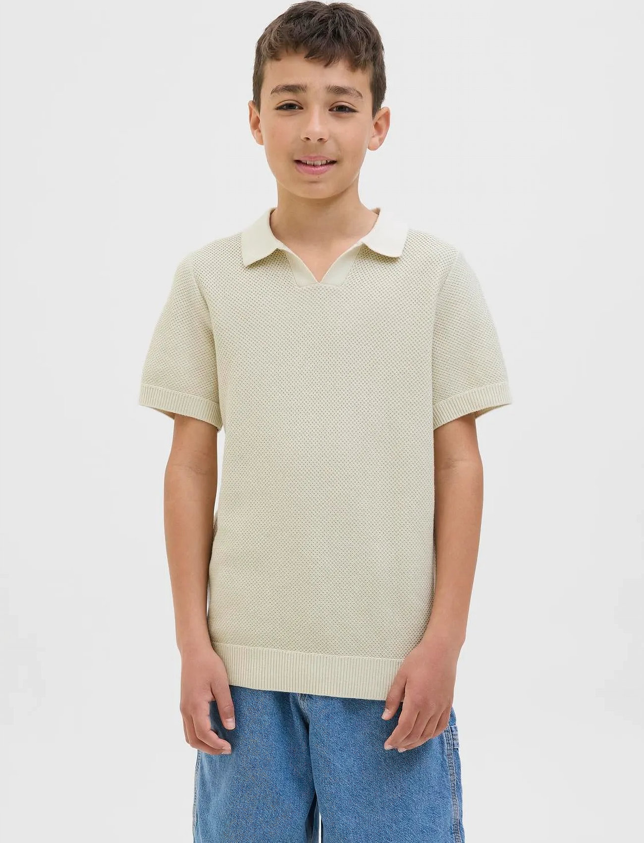 Jack & Jones Jprcceaston Knit Split Neck Ss Jnr, 176, Cream, Poloshirts > Poloshirts Med Korte Ærmer, Børn