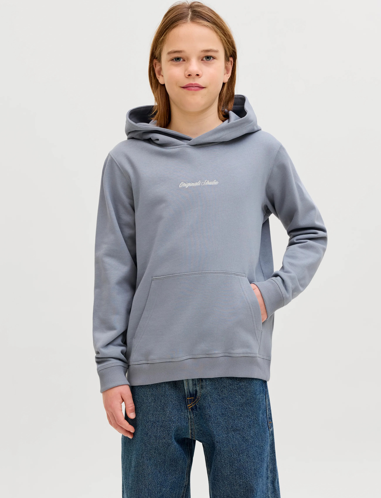 Jack & Jones Jornorrebro Emb Sweat Hood Noos Jnr, 164, Blue, Sweatshirts & Hættetrøjer > Hættetrøjer, Børn