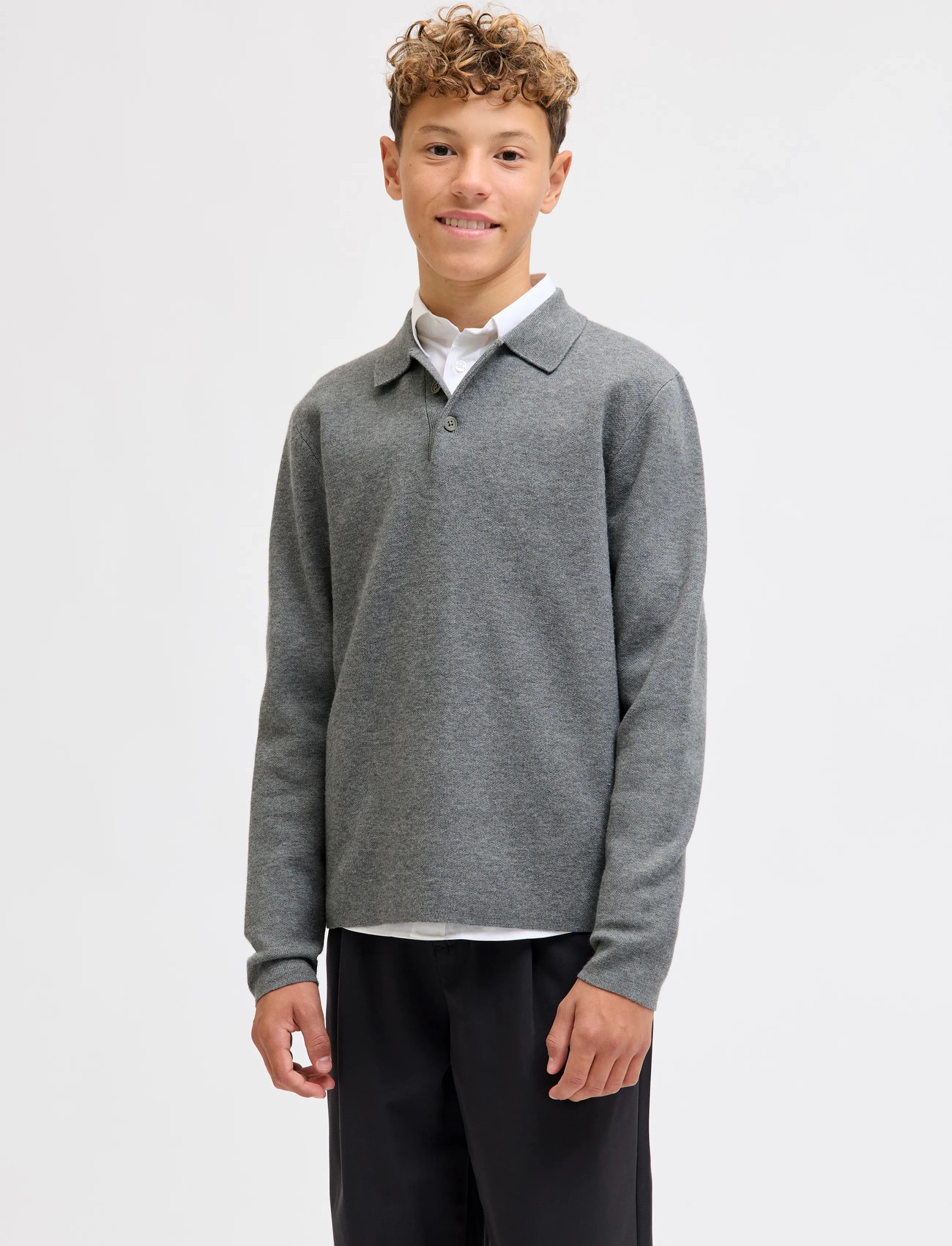Jack & Jones Jprblabradfort Knit Polo Ln Jnr, 140, Grey, Polo Skjorter > Langærmede Polo Shirts, Børn
