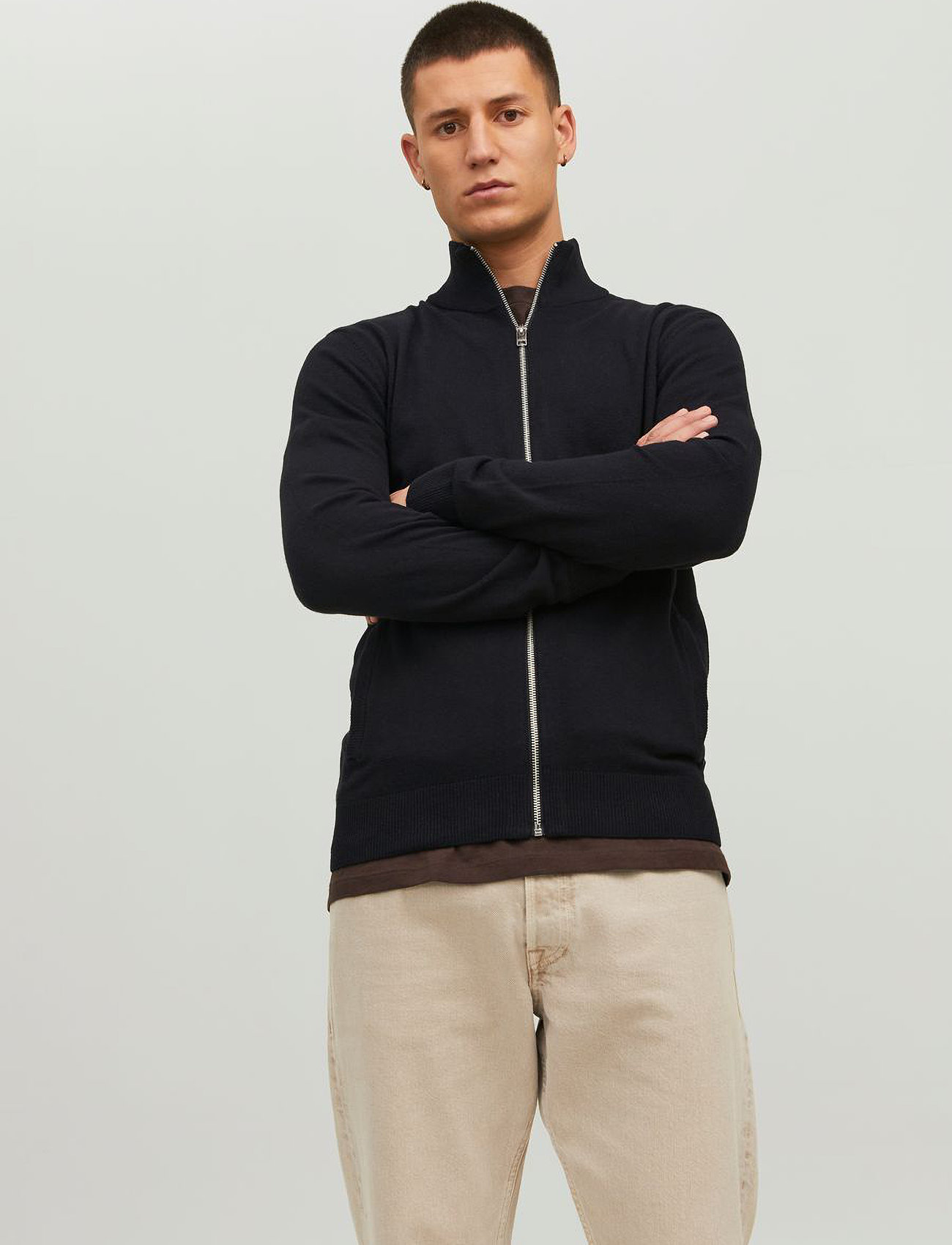 Jack & Jones Jjeemil Knit Turtle Zip Cardigan Noos, L, Black, Strik > Trøjer Med Fuld Lynlås, Herre