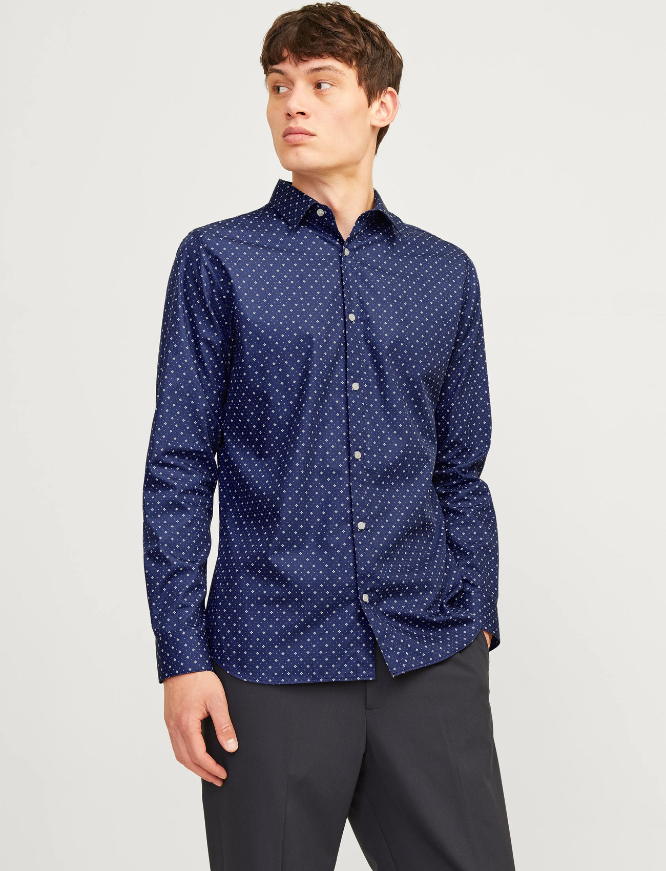 Jack & Jones Jjjoe Print Shirt Ls Aw24, S, Navy, Skjorter > Afslappet, Herre