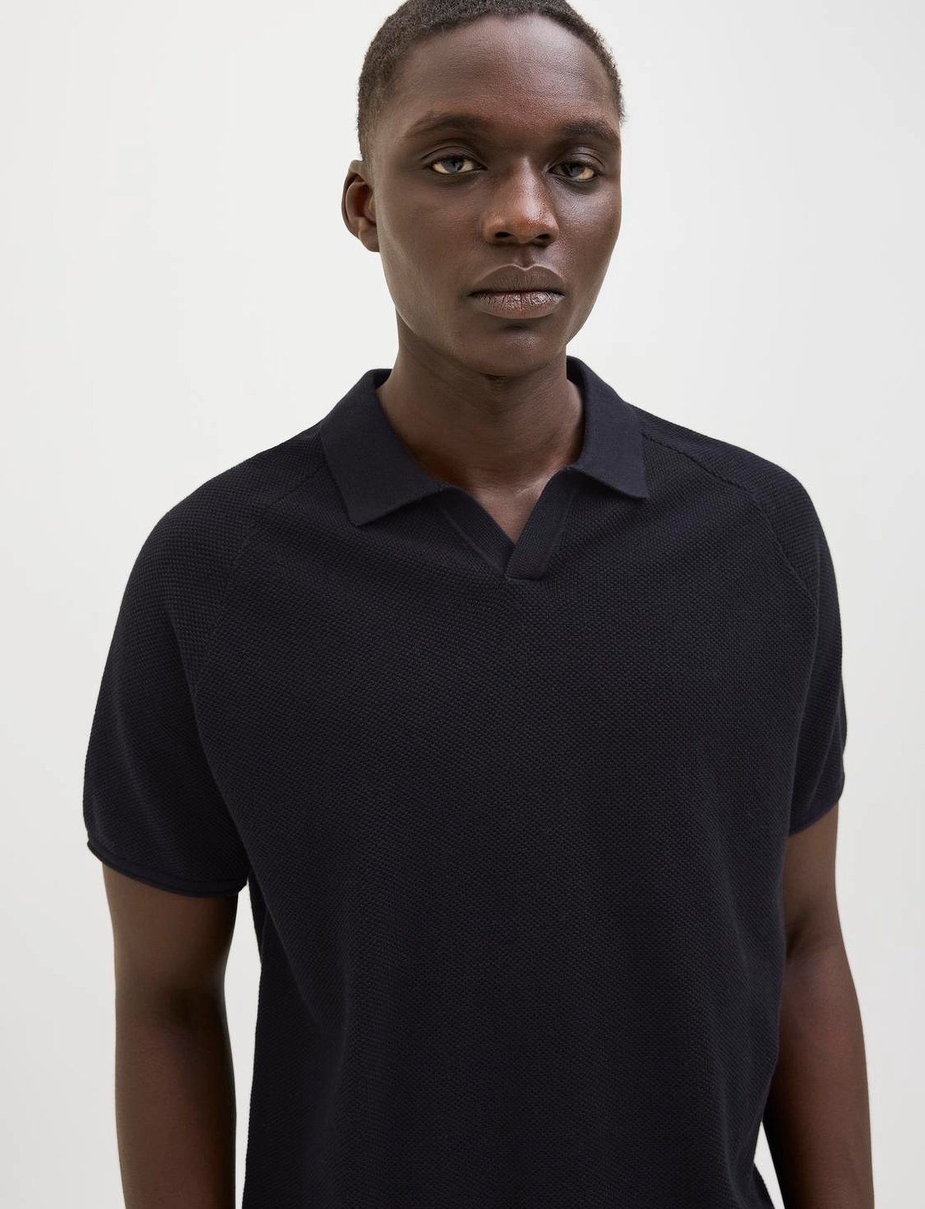 Jack & Jones Jjhill Knit Split Neck, S, Black, Strik > Kortærmede Strikkede Poloer, Herre