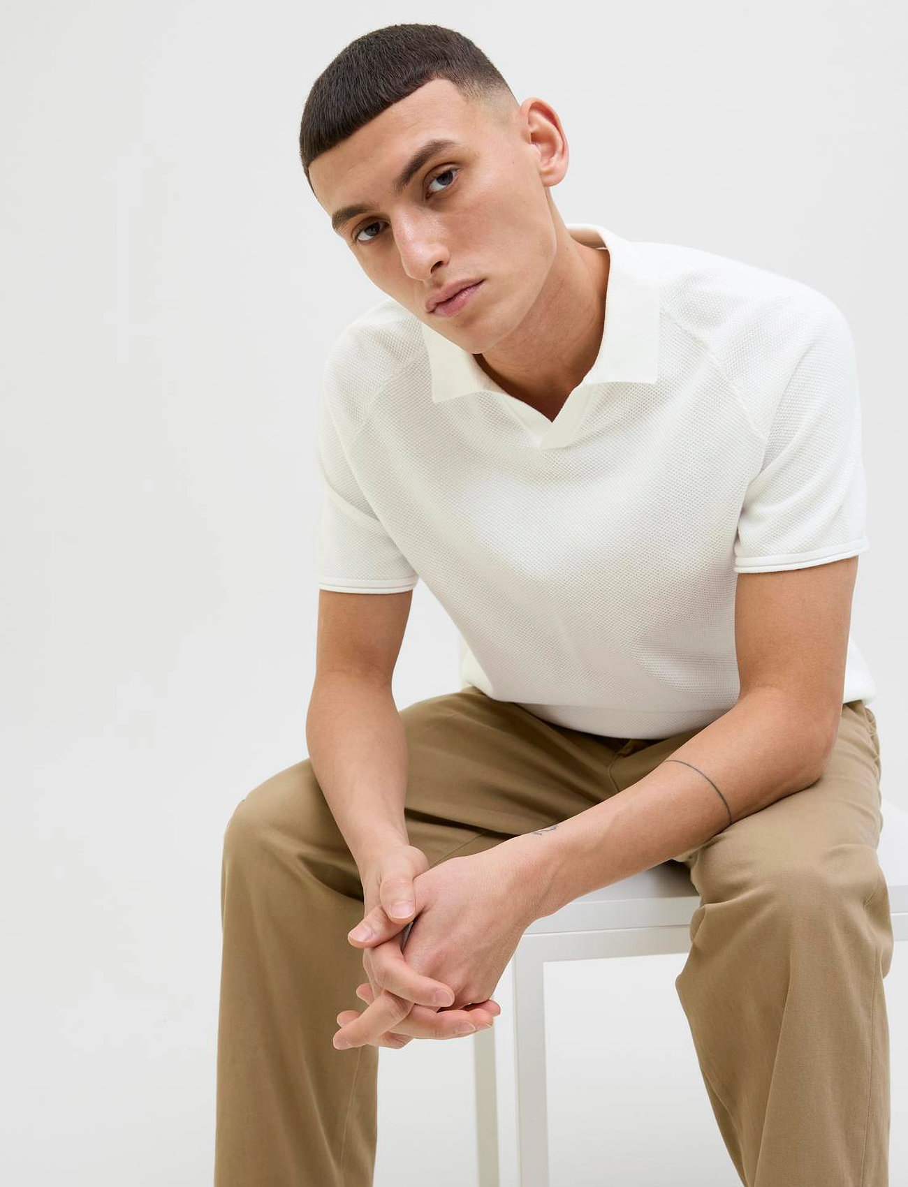 Jack & Jones Jjhill Knit Split Neck, M, White, Strik > Kortærmede Strikkede Poloer, Herre