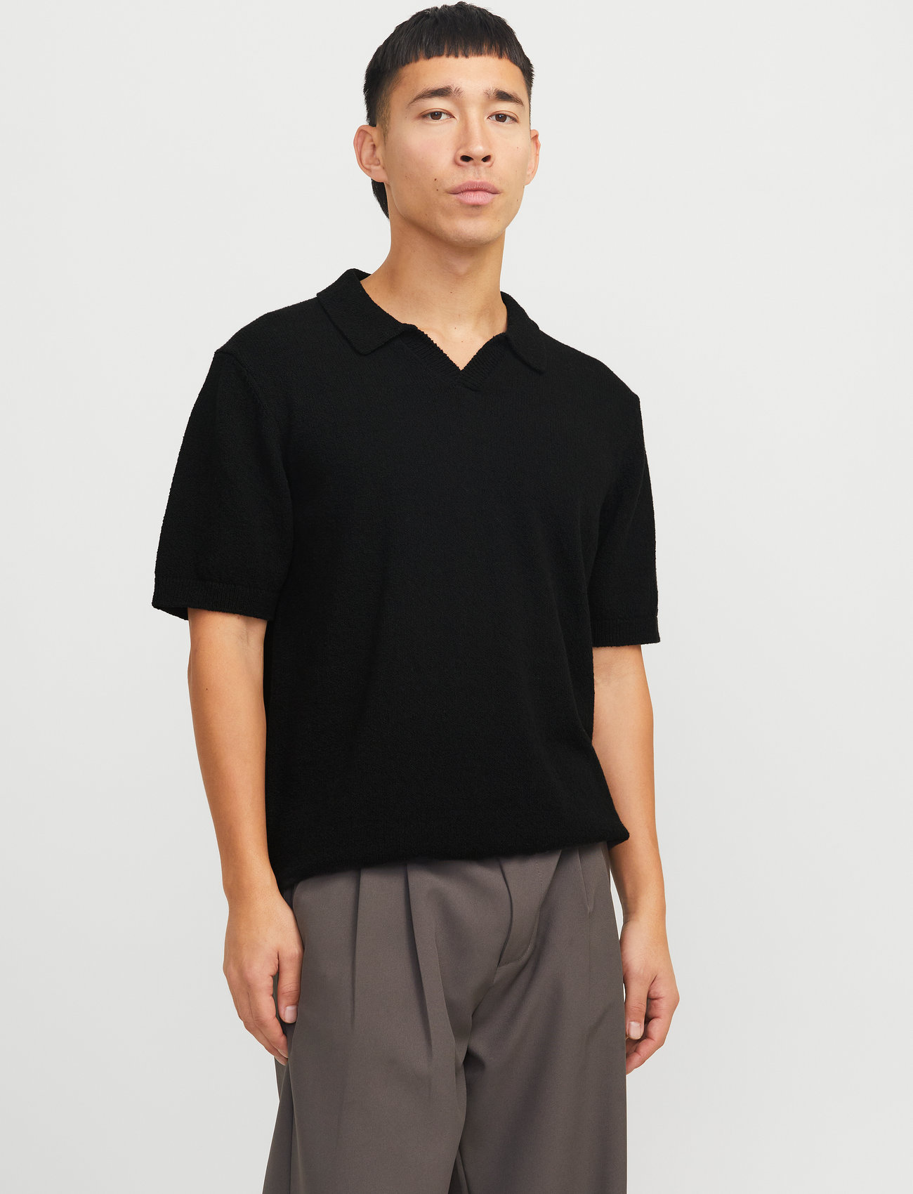 Jack & Jones Jprccwilder Knit Split Neck, XXL, Black, Strik > Kortærmede Strikkede Poloer, Herre