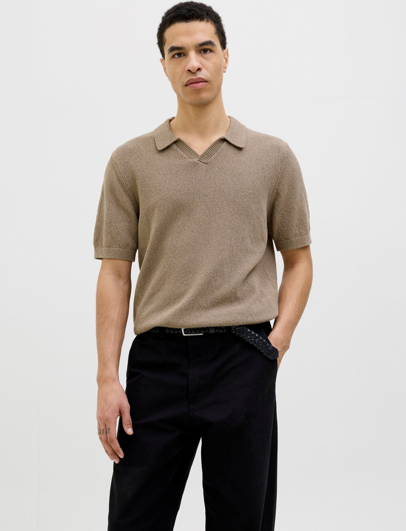 Jack & Jones Jprccwilder Knit Split Neck, L, Beige, Strik > Kortærmede Strikkede Poloer, Herre