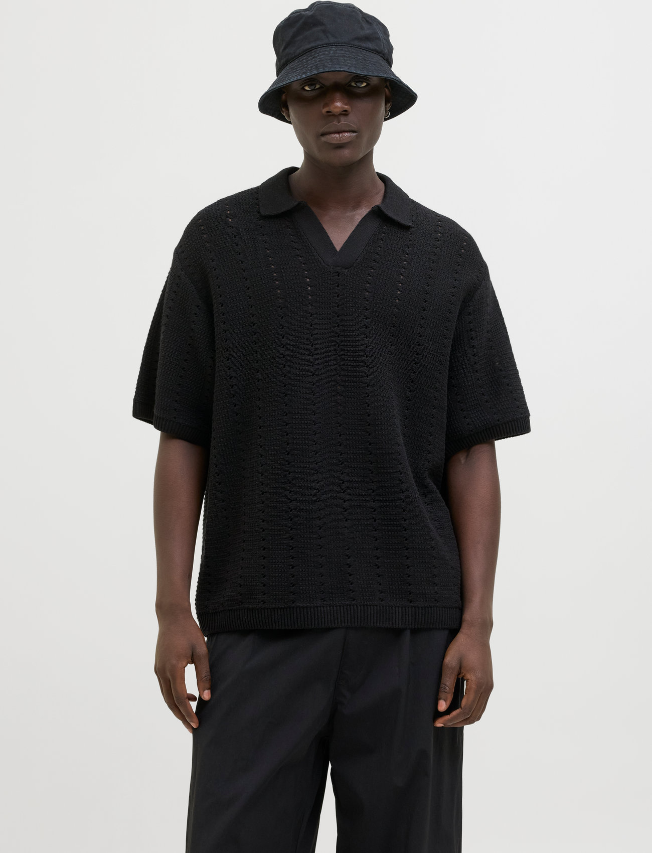 Jack & Jones Jorparos Knit Easter Ss Crochet Polo, XL, Black, Strik > Kortærmede Strikkede Poloer, Herre