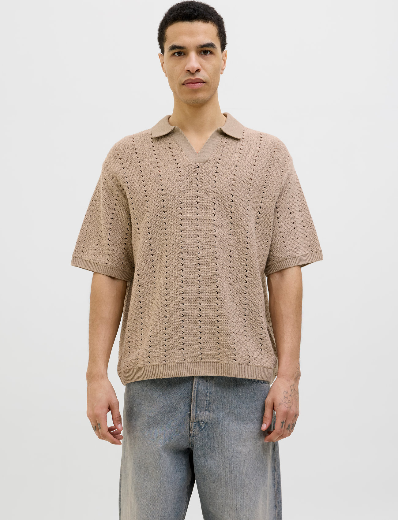 Jack & Jones Jorparos Knit Easter Ss Crochet Polo, XS, Beige, Strik > Kortærmede Strikkede Poloer, Herre