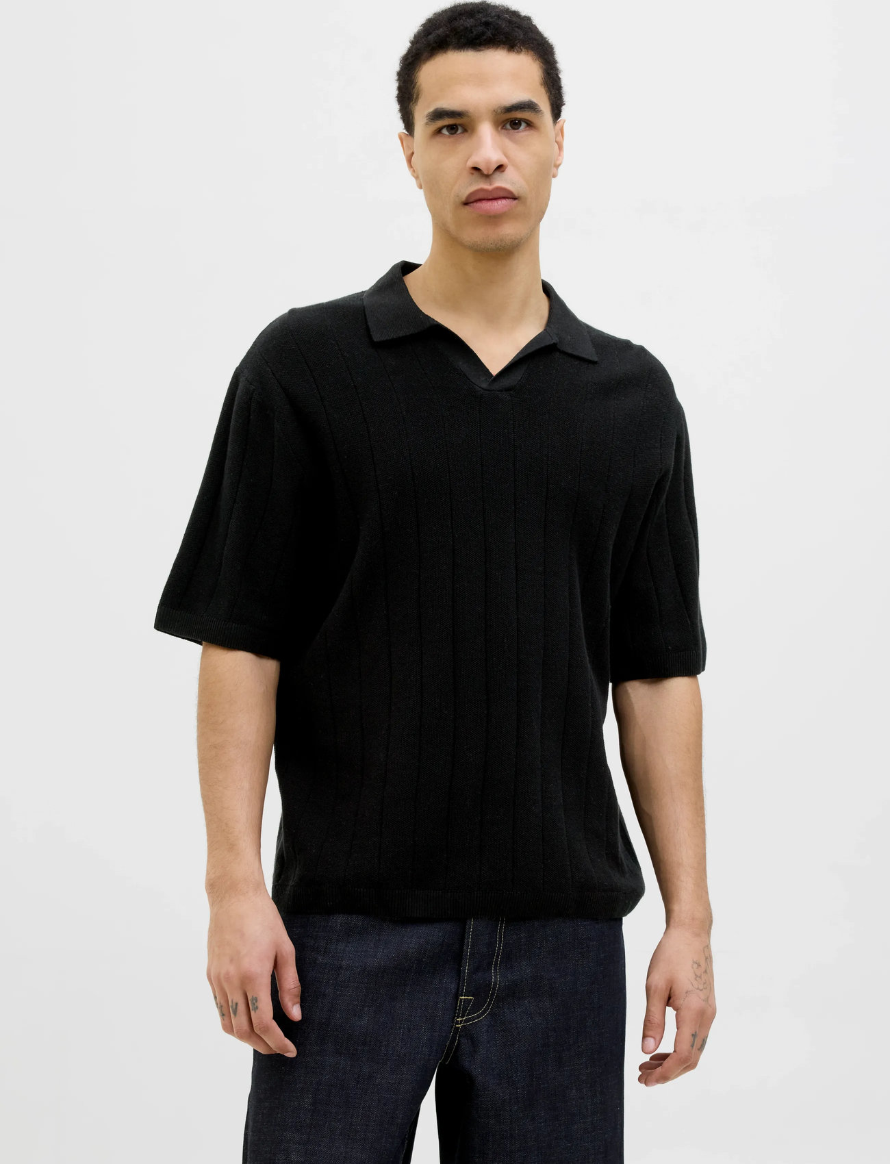 Jack & Jones Jorvarenna Knit Ss Split Neck, L, Black, Poloer > Kortærmede, Herre