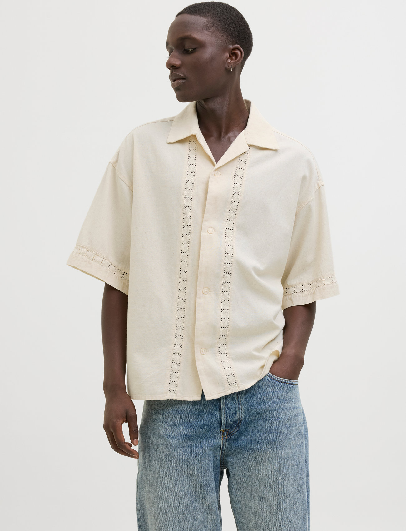 Jack & Jones Jormarrakech Detail Shirt Ss, L, Cream, Skjorter > Kortærmede Shirts, Herre