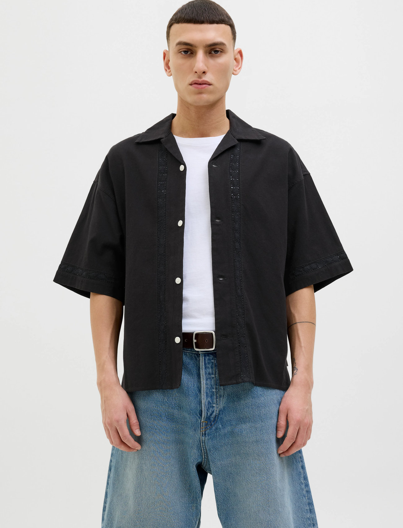 Jack & Jones Jormarrakech Detail Shirt Ss, S, Black, Skjorter > Kortærmede Shirts, Herre
