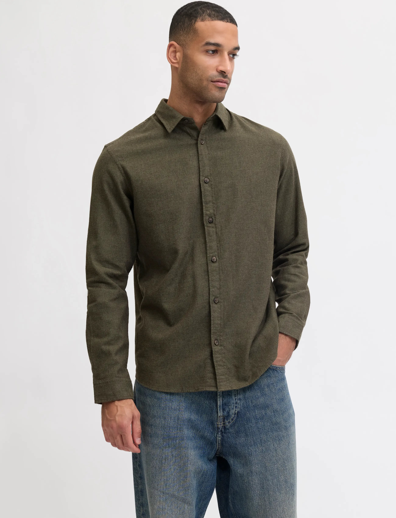 Jack & Jones Jjeclassic Melange Shirt L/S Noos, S, Khaki green, Skjorter > Afslappet Shirts, Herre