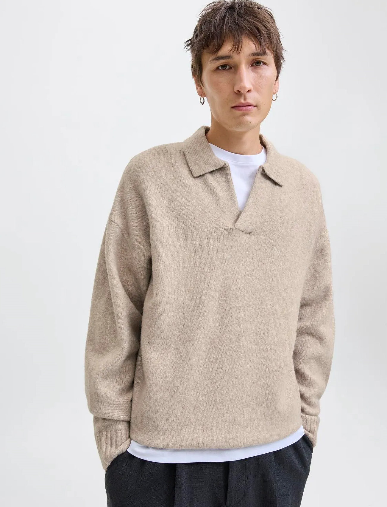 Jack & Jones Jjsoho Ollie Knit Split Neck Ln, M, Beige, Strik > V-Halse, Herre