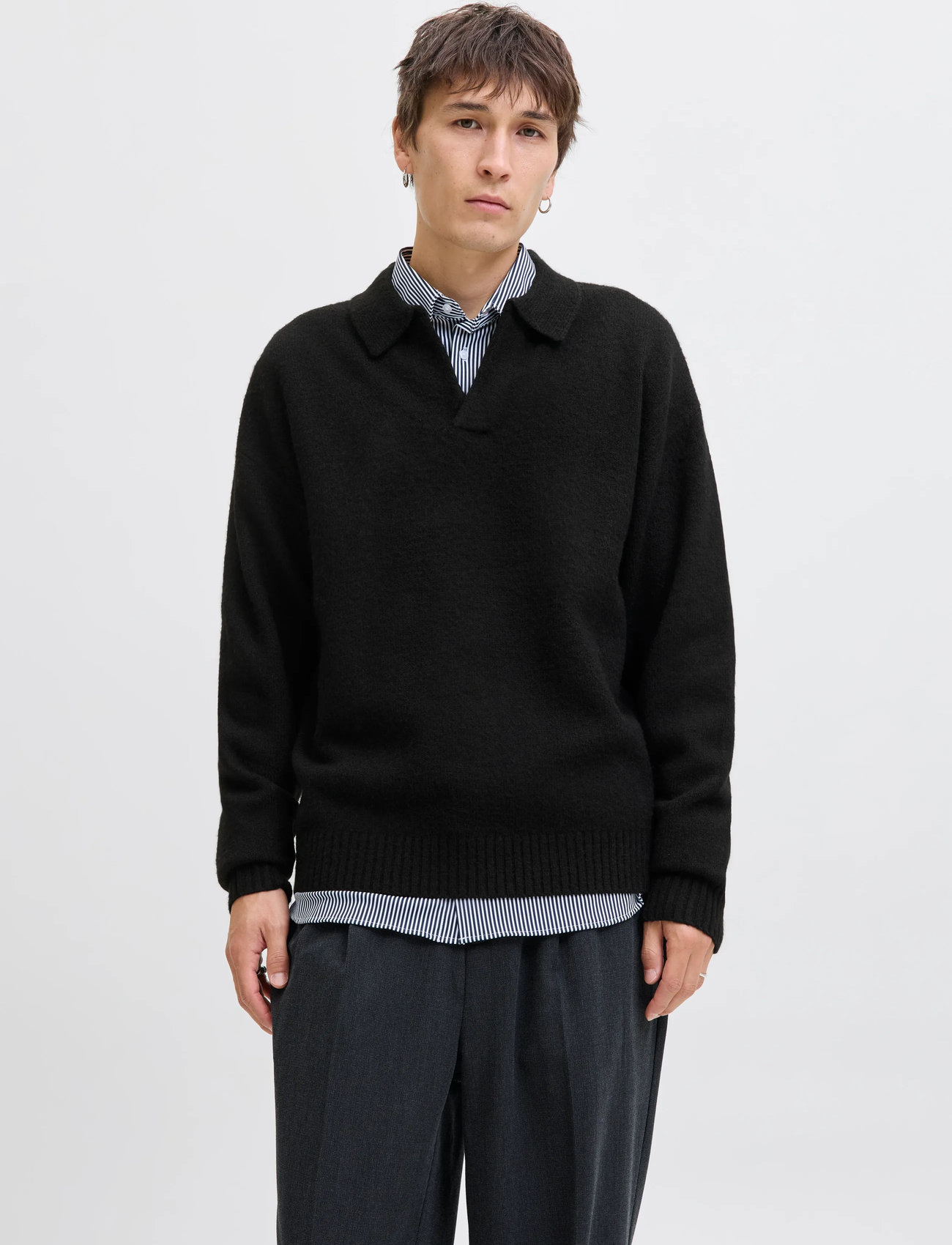 Jack & Jones Jjsoho Ollie Knit Split Neck Ln, L, Black, Strik > V-Halse, Herre