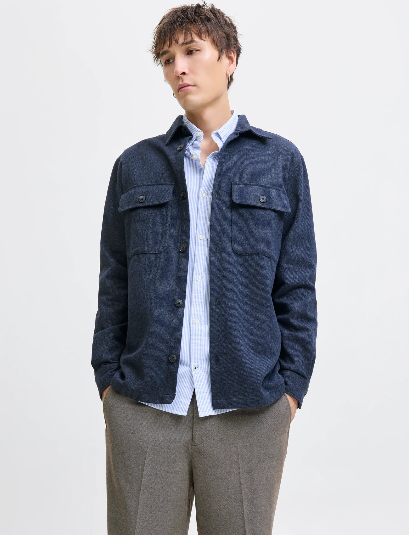 Jack & Jones Jprrayle Melange Solid L/S Overshirt Sn, S, Navy, Overdele > Overtrøjer, Herre