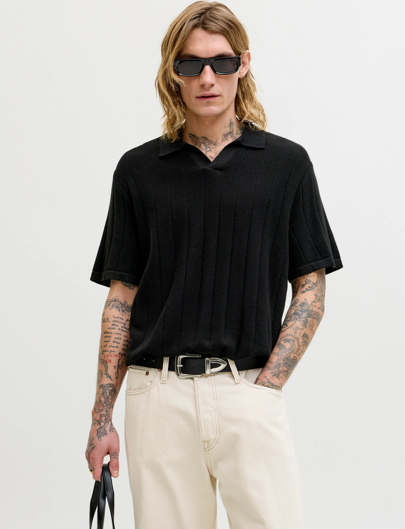 Jack & Jones Jjebradley Knit Split Neck Ss Sn, L, Black, Strik > Kortærmede Strikkede Poloer, Herre