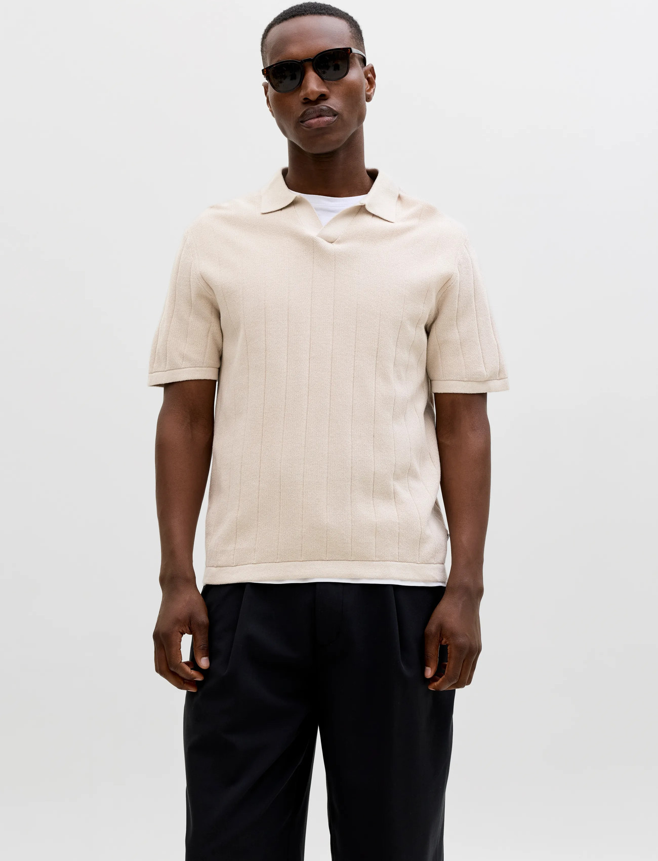 Jack & Jones Jjebradley Knit Split Neck Ss Sn, XL, Cream, Strik > Kortærmede Strikkede Poloer, Herre