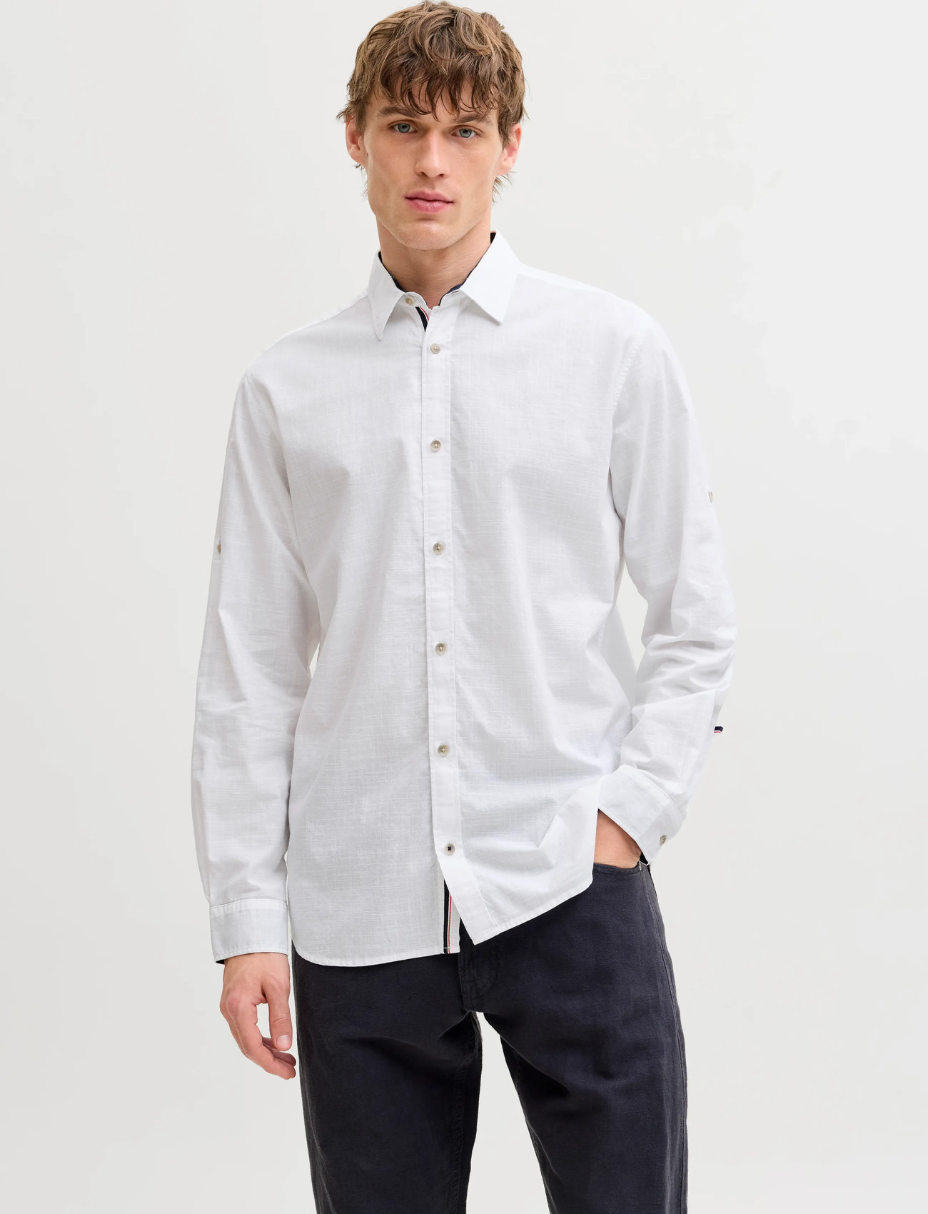 Jack & Jones Jjhenry Slub Detail Shirt Ls, XL, White, Skjorter > Afslappet Shirts, Herre