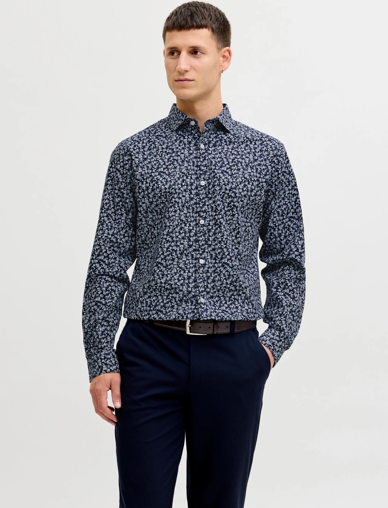 Jack & Jones Jprblablackpool Print Ls Shirt, L, Navy, Skjorter > Afslappet Shirts, Herre