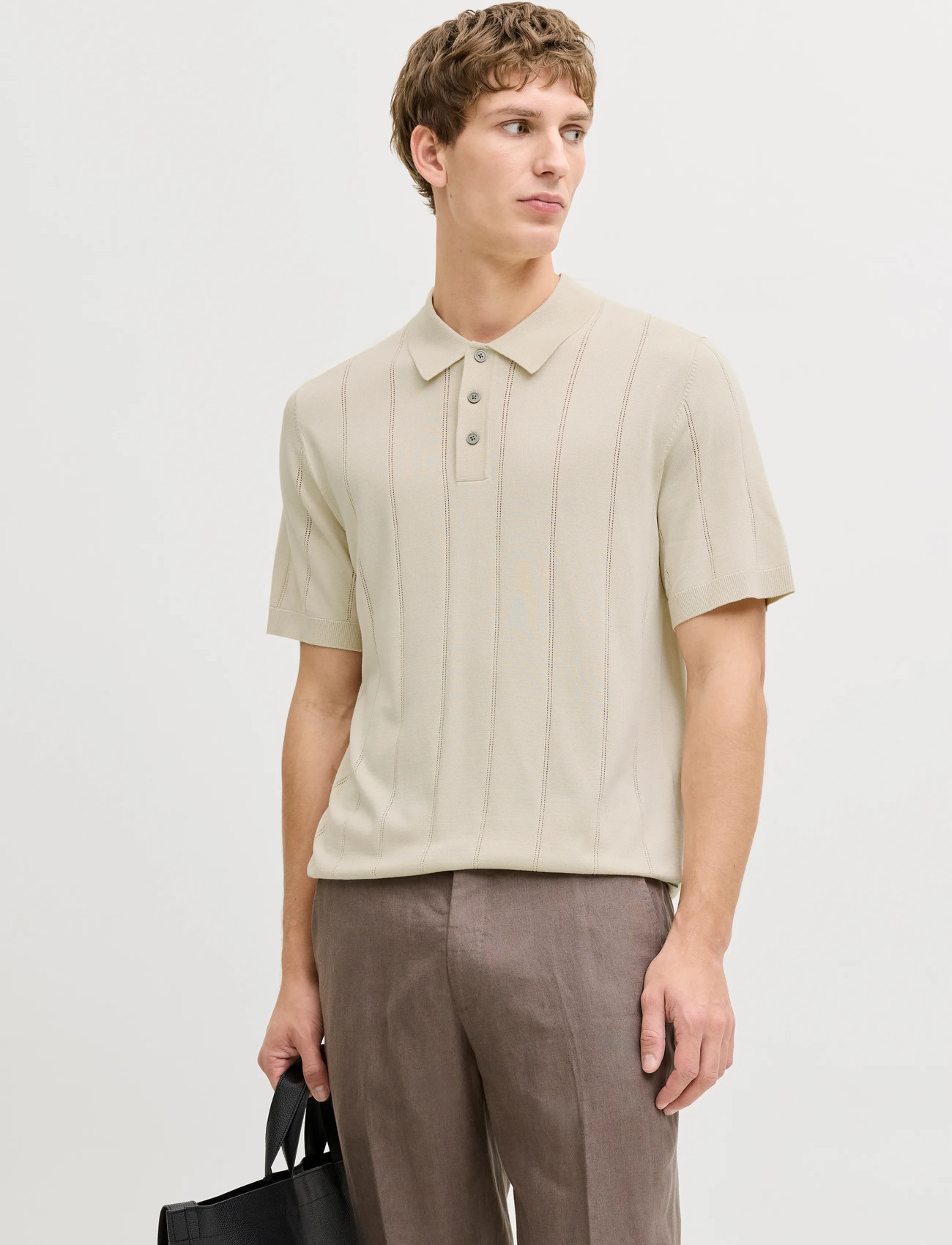 Jack & Jones Jprblawilliam Structure Knit Polo Ss Sn, M, Cream, Strik > Kortærmede Strikkede Poloer, Herre