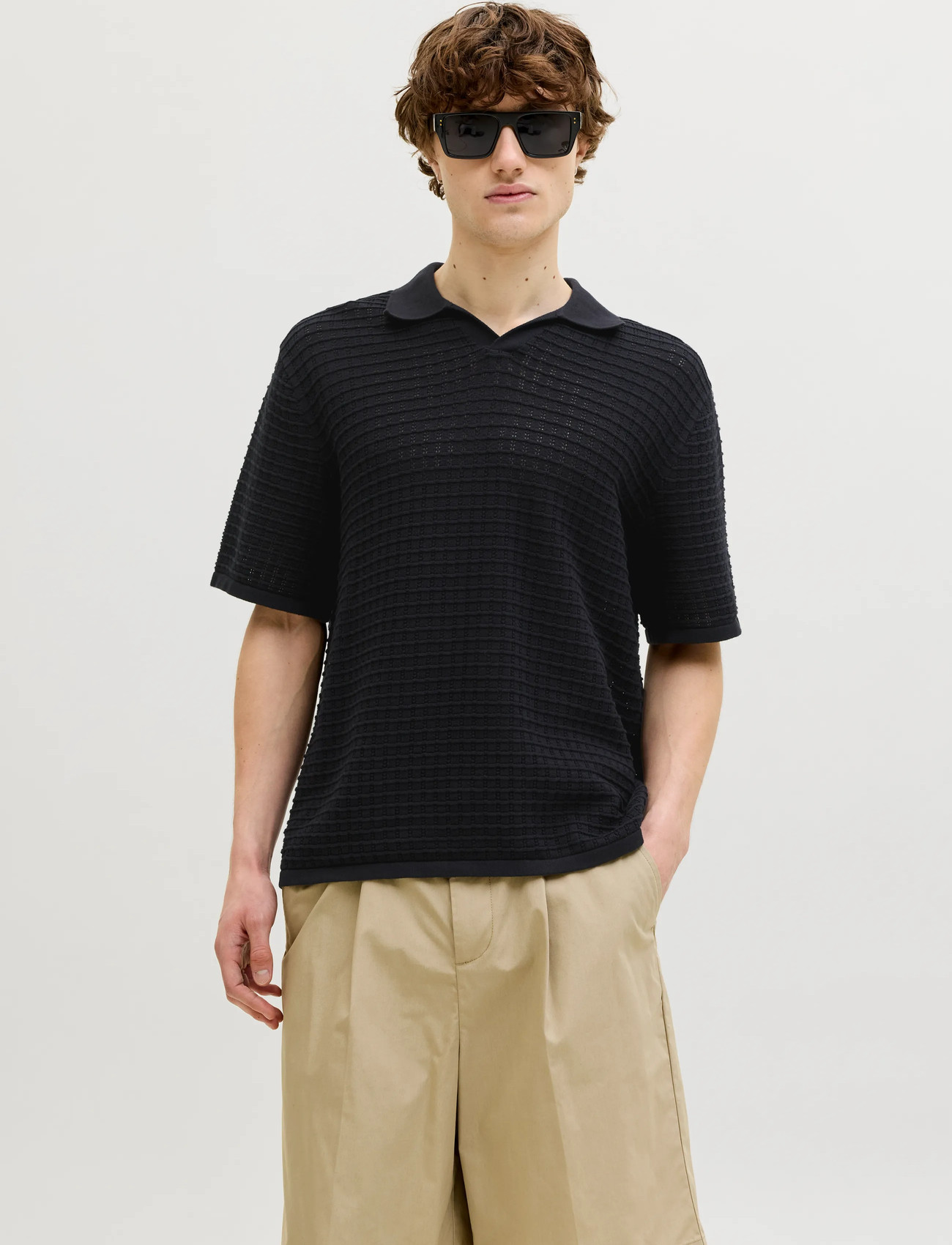 Jack & Jones Jornantucket Knit Split Neck Polo Sa26, XXL, Black, Strik > Kortærmede Strikkede Poloer, Herre
