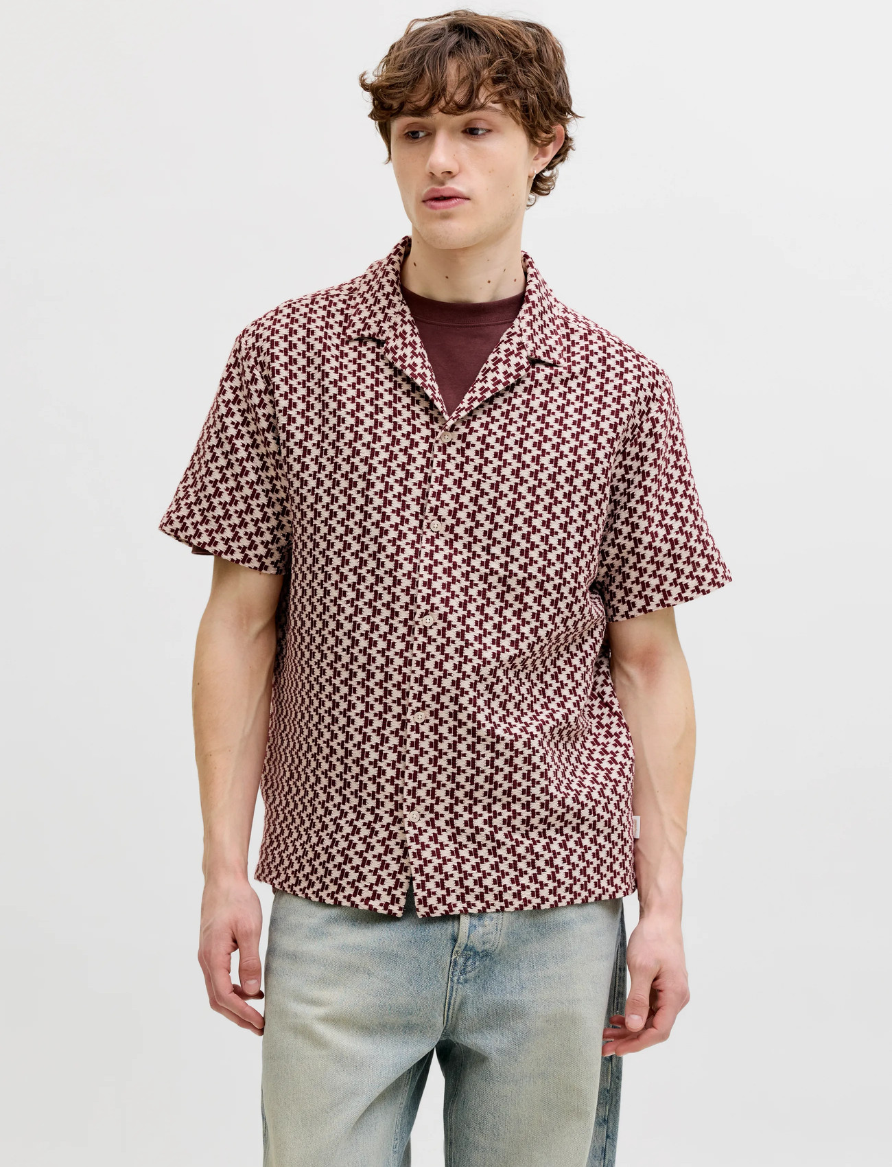 Jack & Jones Jormontauk Crochet Shirt Ss Sa26 Ln, L, Burgundy, Skjorter > Afslappet Shirts, Herre
