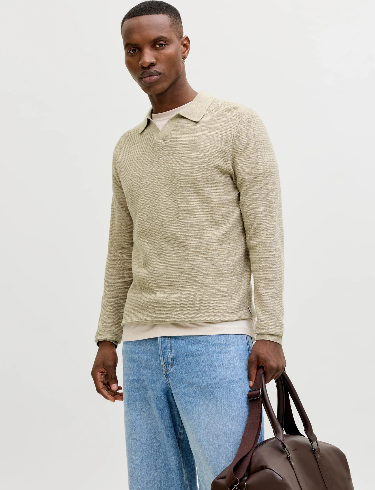Jack & Jones Jprbluriley Knit Split Neck Ls Sn, XL, Beige, Strik > Langærmede Strikkede Poloer, Herre