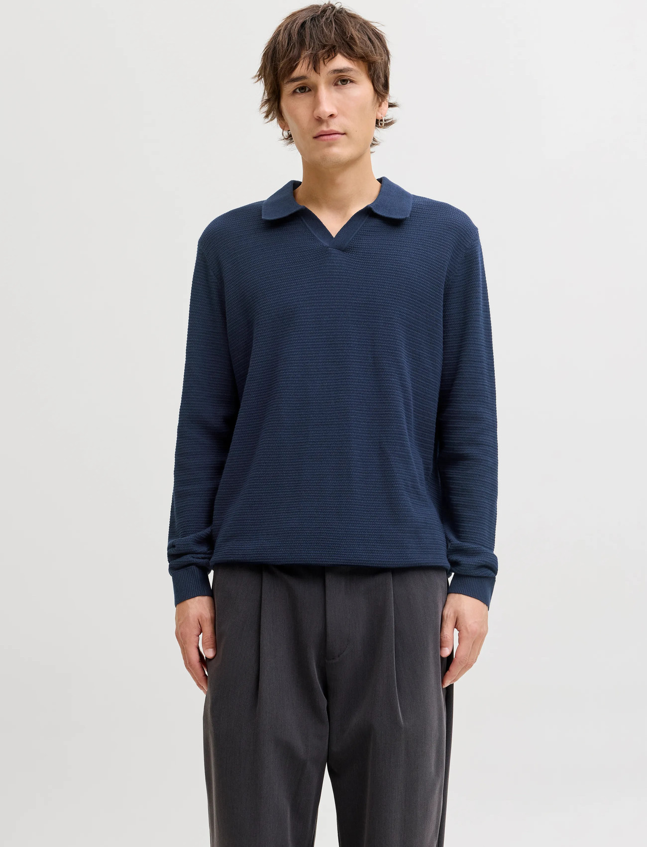 Jack & Jones Jprbluriley Knit Split Neck Ls Sn, XXL, Navy, Strik > Langærmede Strikkede Poloer, Herre