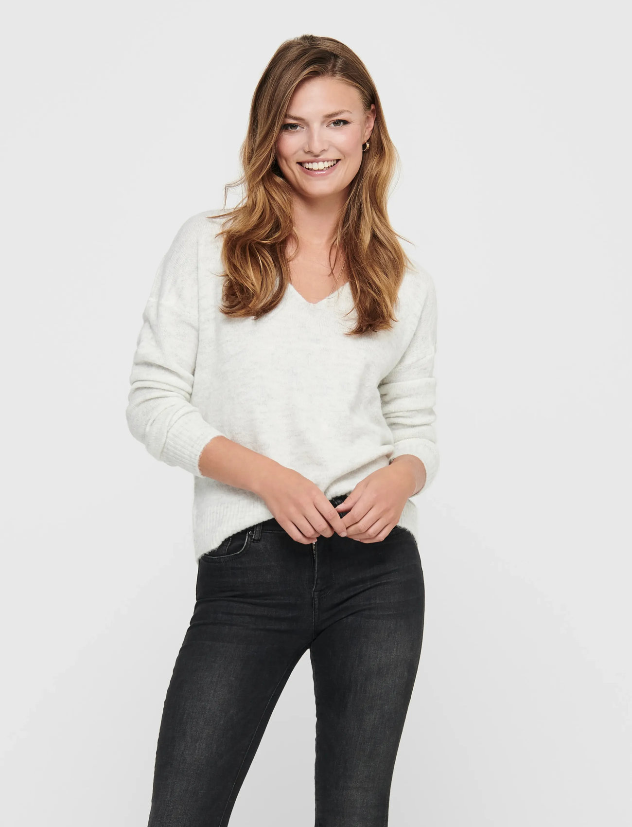 JDY Jdyelanora L/S V-Neck Pullo. Knt Noos, M, White, Strik > Trøjer, Dame