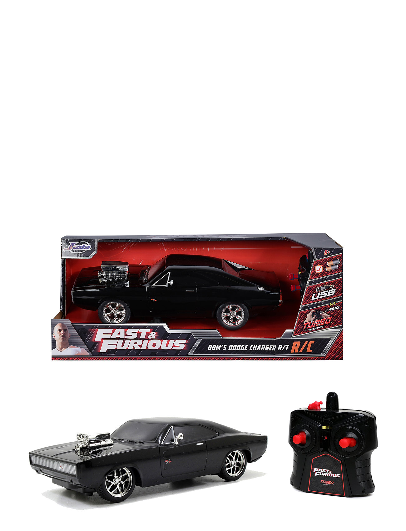 Fast & Furious Radio Controlled Car 1970 Dodge Charger, 1:12 Toys Remote Controlled Toys Black Jada Toys