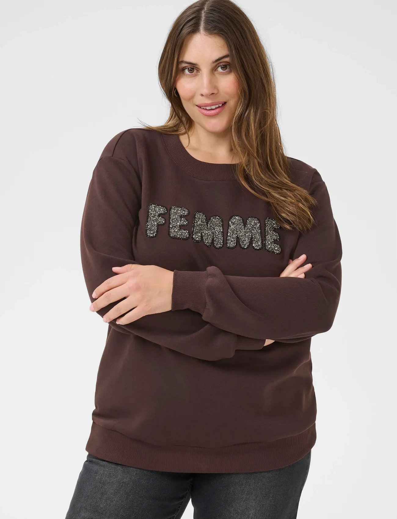 Kaffe Curve Kcelise Sweatshirt, S, Brown, Sweatshirts & Hættetrøjer > Sweatshirts, Dame