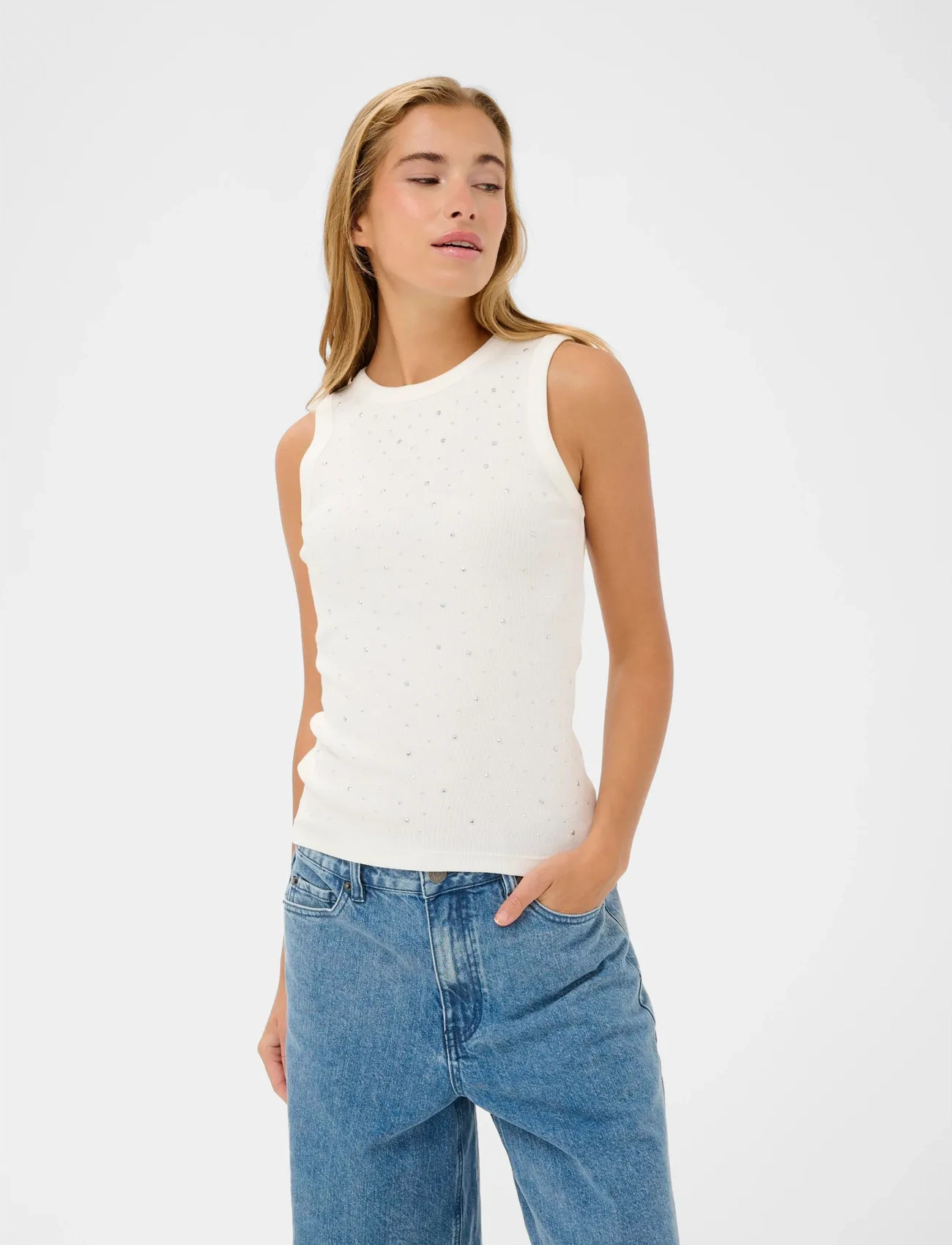 Kaffe Kacarna Rhinestone Top, XL, Cream, T-Shirts & Toppe > Uden Ærmer, Dame