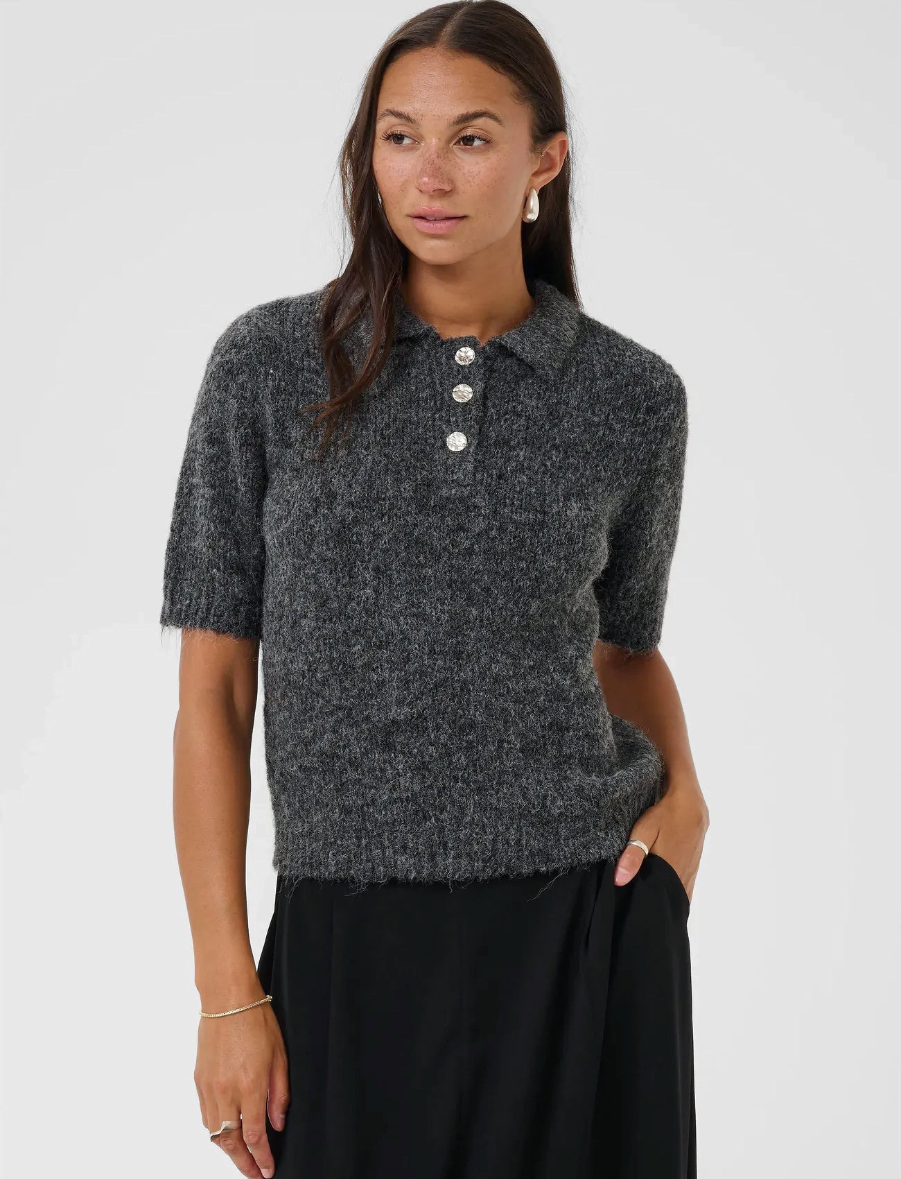Kaffe Kaemilie Polo Pullover, L, Grey, Strik > Trøjer, Dame