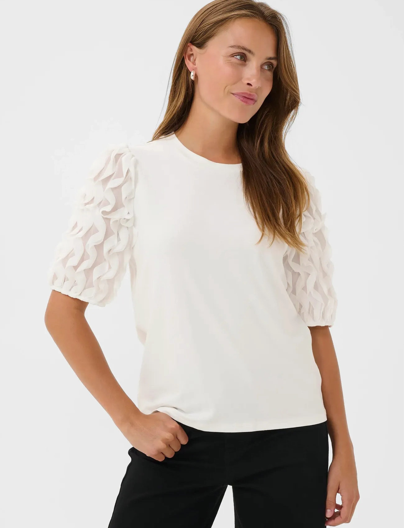 Kaffe Kalinda Frill T-Shirt, XXL, White, T-Shirts & Toppe > Kortærmede, Dame
