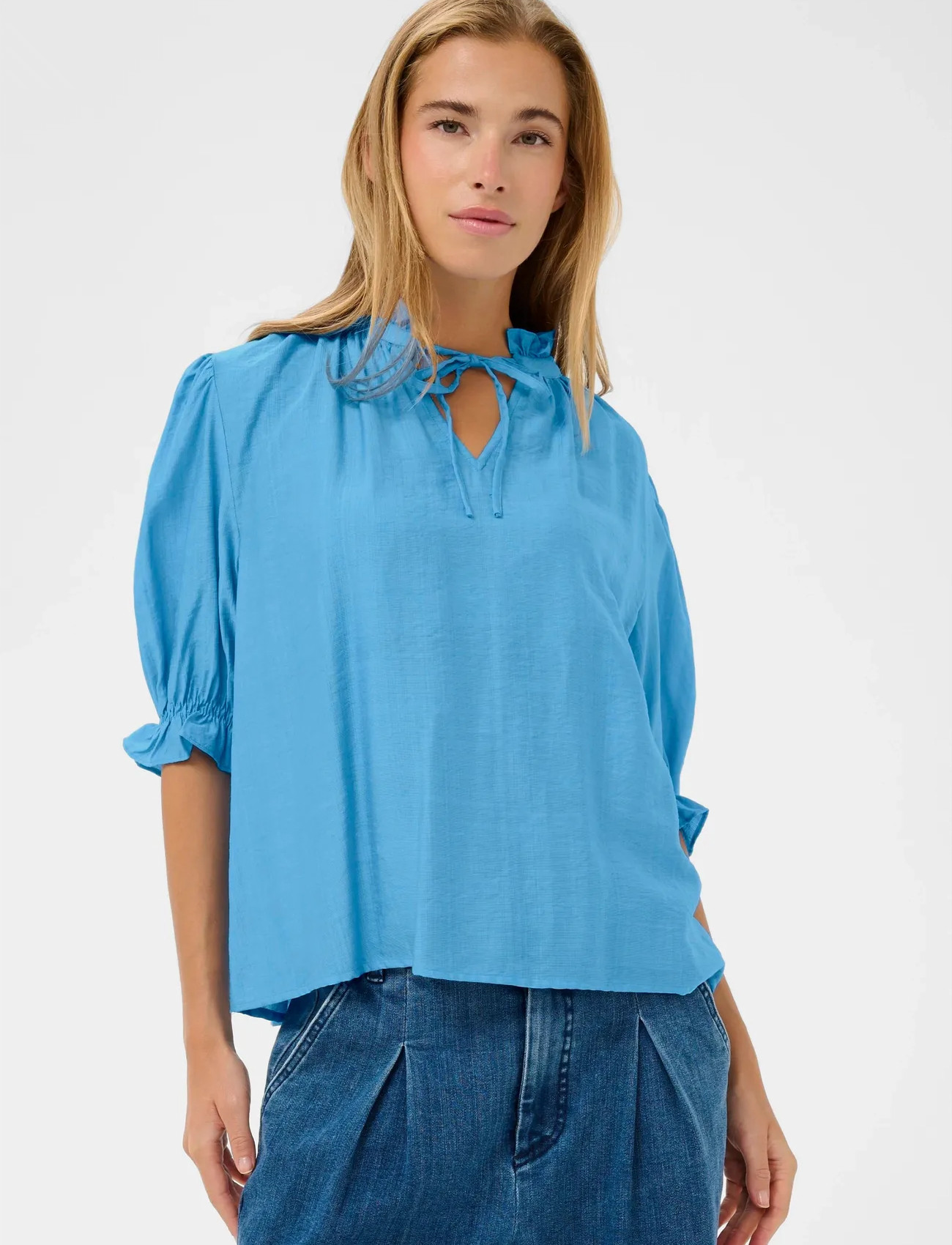 Kaffe Kalufia Frill Blouse, 46, Blue, Bluser > Kortærmede, Dame