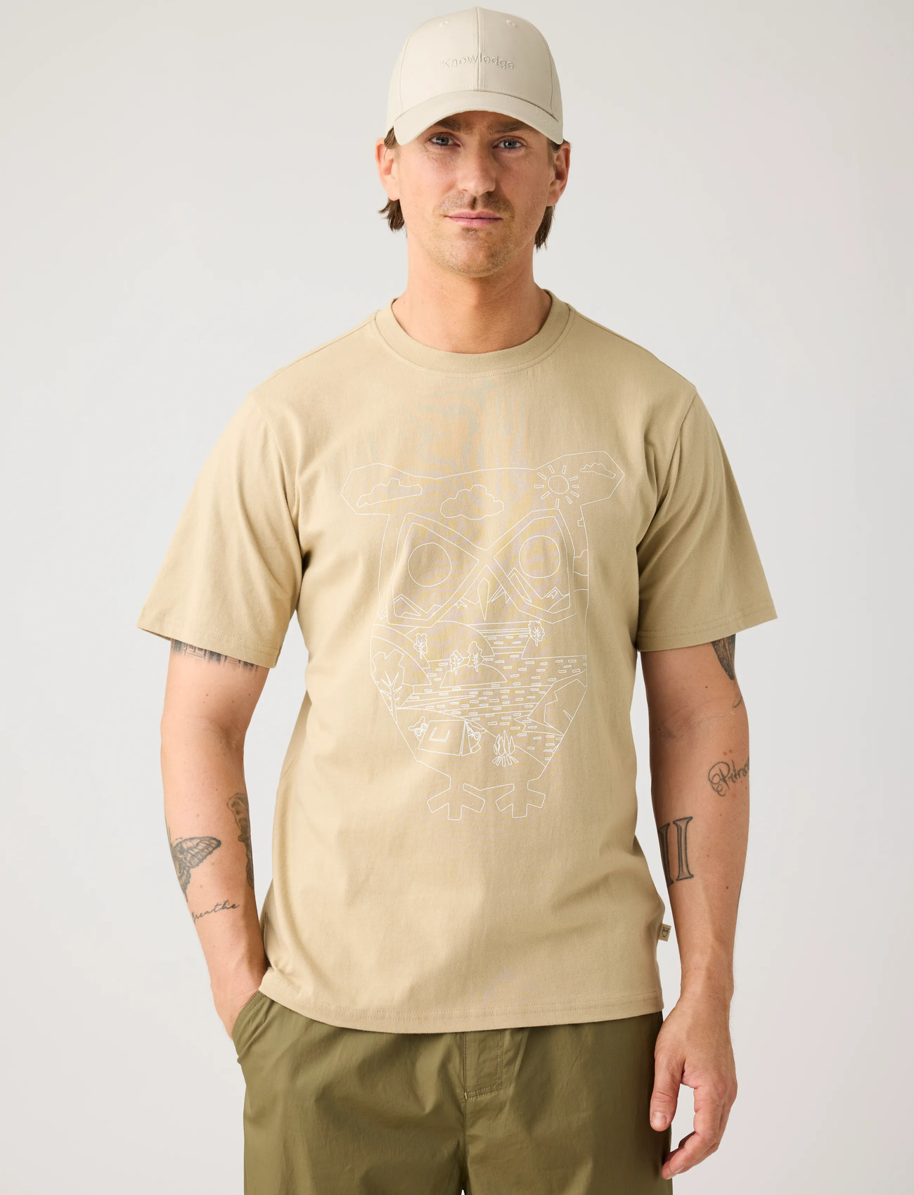 Knowledge Cotton Apparel Front Print T-Shirt, M, Beige, T-Shirts > Kortærmede, Herre