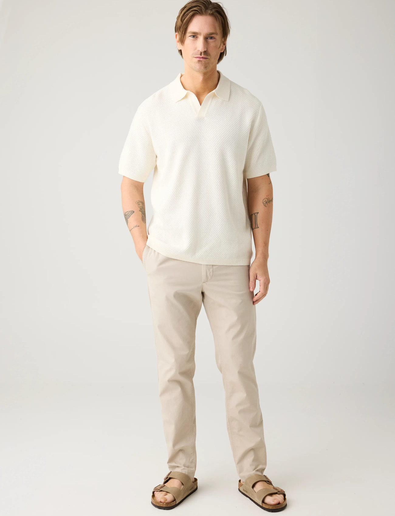 Knowledge Cotton Apparel Knitted Polo, S, Cream, Poloer > Kortærmede, Herre