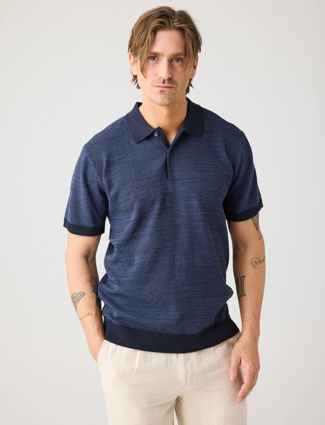 Knowledge Cotton Apparel Knitted Polo, XXL, Navy, Poloer > Kortærmede, Herre