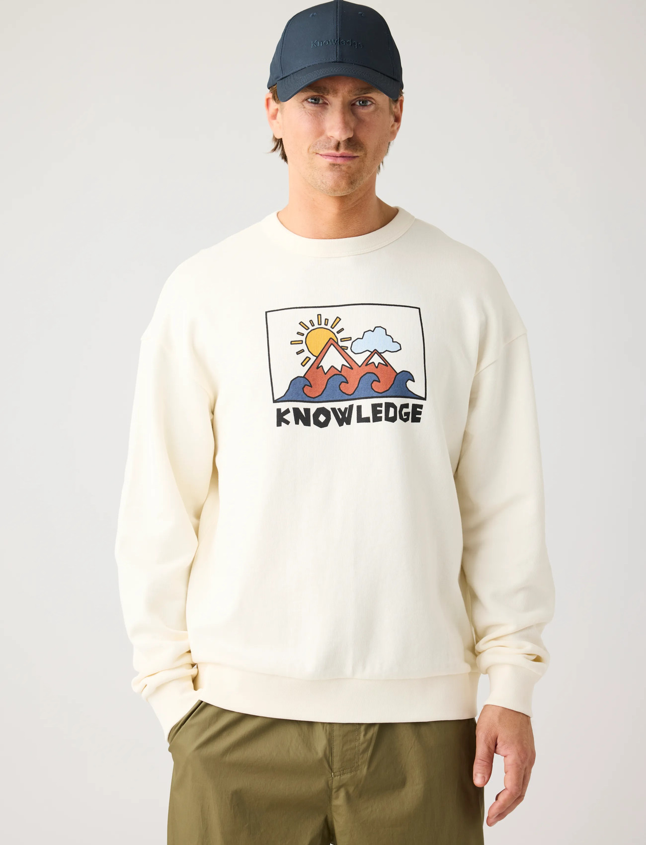 Knowledge Cotton Apparel Relaxed Printed Crew Neck, S, Cream, Sweatshirts & Hættetrøjer > Sweatshirts, Herre