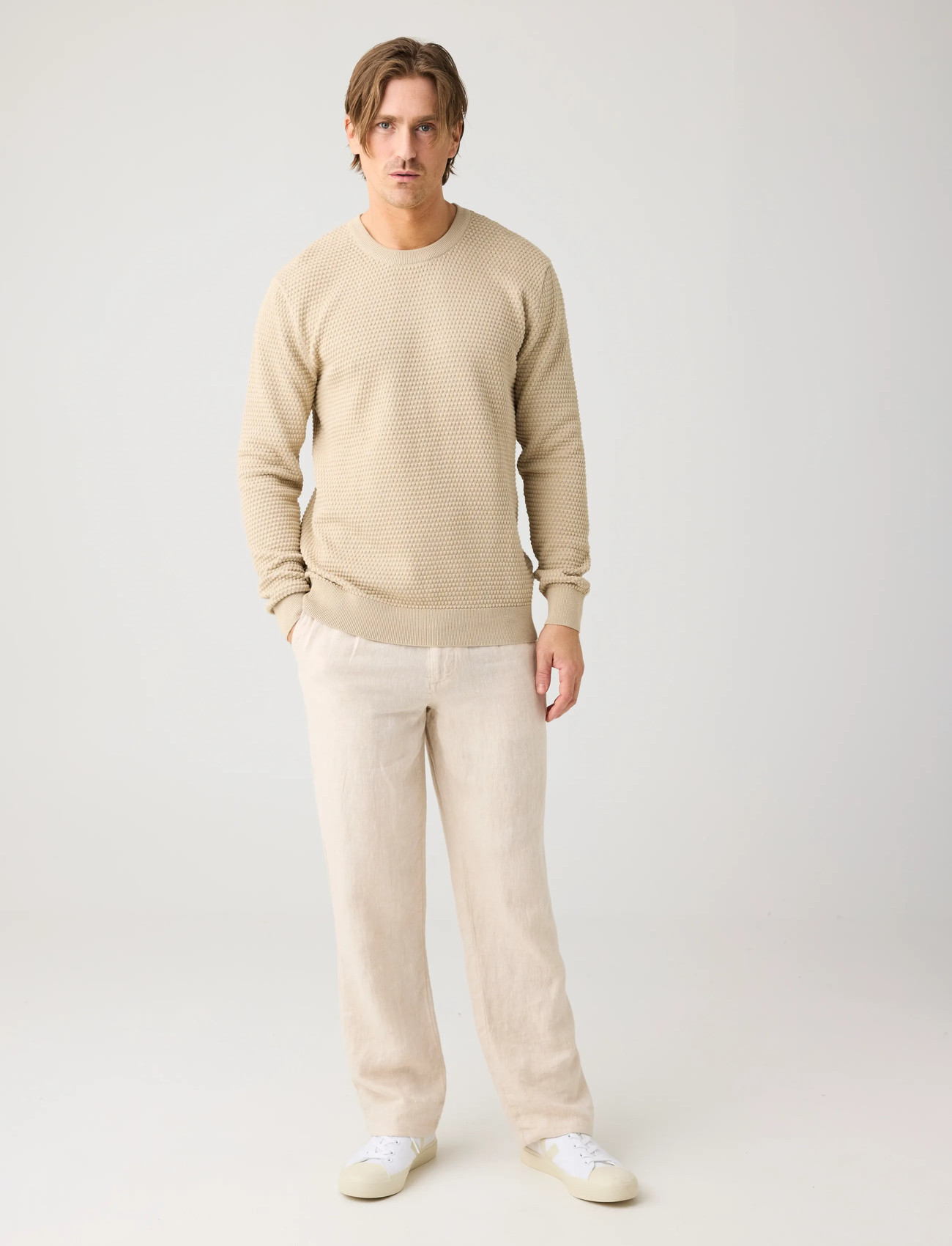 Knowledge Cotton Apparel Bubble Knit Crew Neck, XXL, Beige, Strik > Runde Halse, Herre