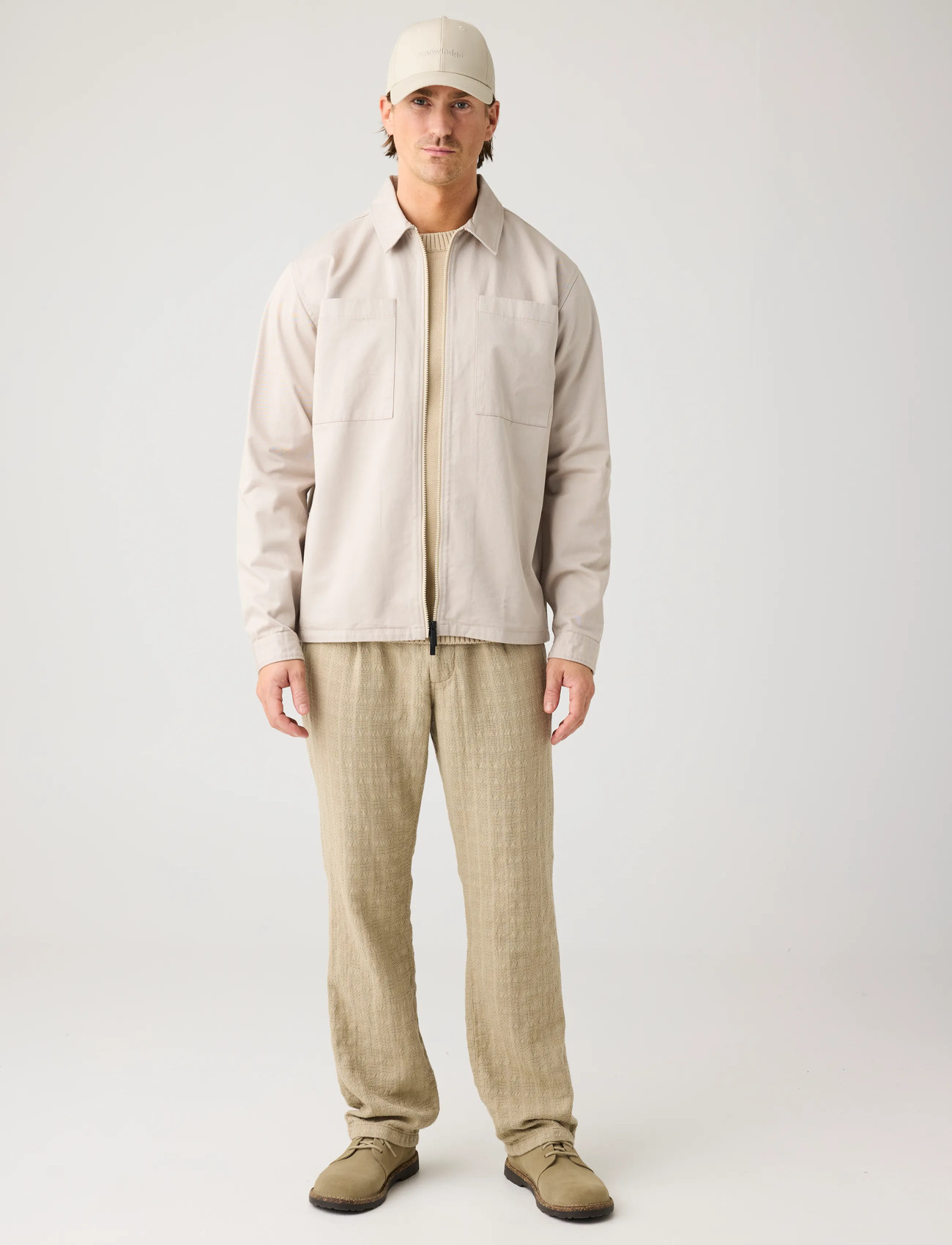 Knowledge Cotton Apparel Twill Zip Overshirt, L, Cream, Overdele > Overtrøjer, Herre