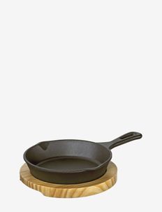 Serving pan, round, w / wooden plate - frying pans & skillets - black